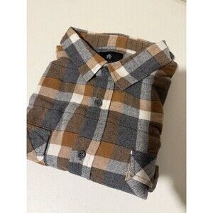 Shouthouse Mens XL Flannel Shirt Brown Gray Plaid Herringbone Button Up 2 Pocket